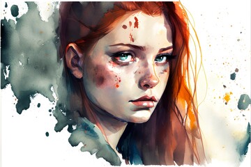 Redhead girl with blood on her face. Digital watercolor painting.