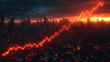 A red upward arrow rises above a cityscape at sunset, representing growth and success.