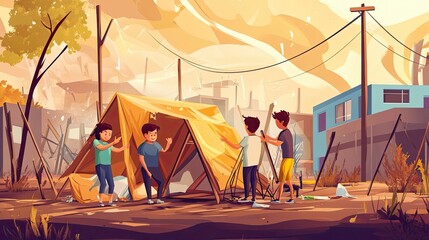 Fototapeta premium Four Children Setting Up a Tent Amidst the Ruins of a Destroyed City