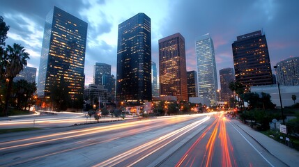 Obraz premium Explore the stunning nightscape of a vibrant city with dynamic light trails and skyscrapers
