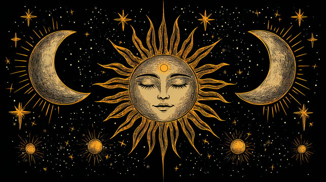 Elegant and intricate celestial sun and moon embroidered design with balanced cosmic patterns abstract digital of a mystical and spiritual atmosphere. Celestial. Illustration