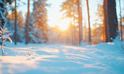 Sunbeams illuminate a snowy forest path.