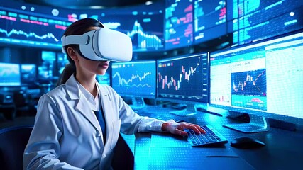 A young woman in a lab coat wearing a VR headset working on a computer with financial data charts in the background. - Powered by Adobe