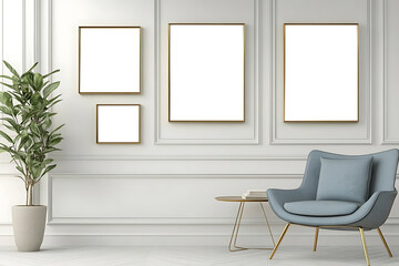 Golden frames mockup hanging in elegant white living room with blue armchair and plant, luxury interior design