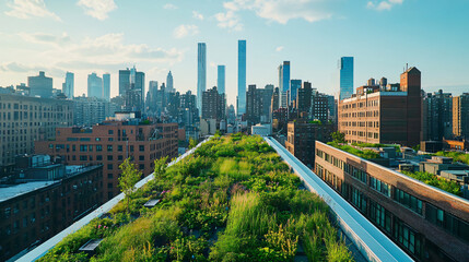 An urban green roof promoting climate resilience and sustainable infrastructure in a densely populated area.