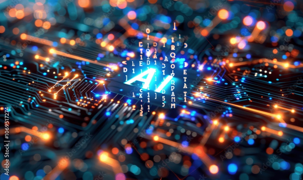 Poster futuristic ai circuit board background with glowing digital microchips