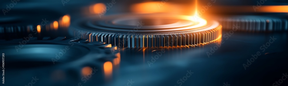 Leinwandbilder An abstract close-up of gears interlocking, illuminated by a warm glow, creating a sense of technological sophistication.