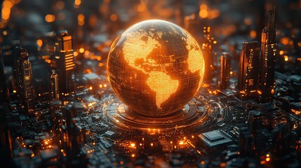 A 3D illustration of a globe set on a dark surface, surrounded by glowing lights and various glass and metal objects, representing global communication or technological advancements.