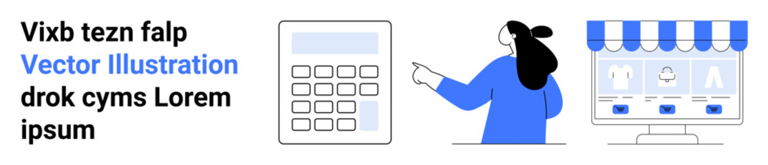 Woman pointing at calculator and storefront on desktop. Ideal for e-commerce, financial planning, online shopping, small businesses, digital marketing, financial services, educational tools. Banner