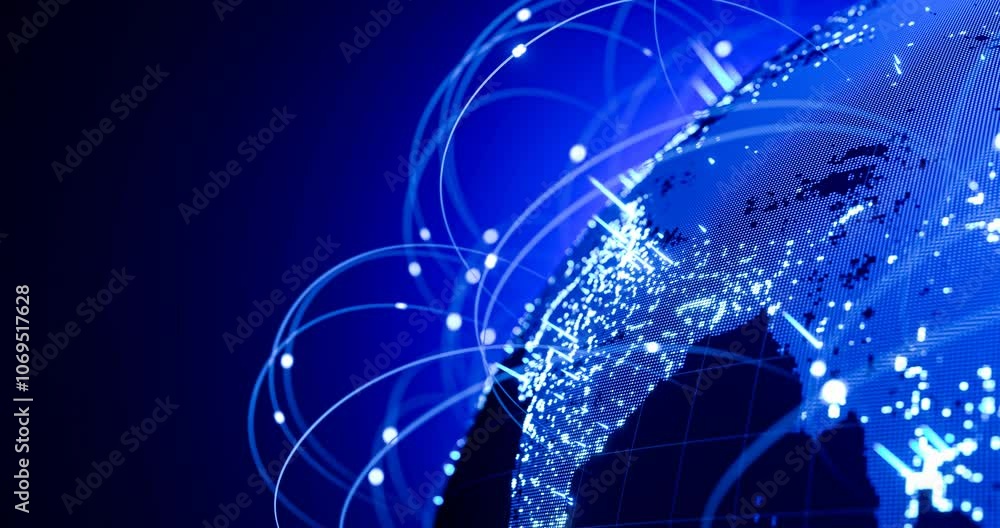 Poster digital earth globe cyberspace with data flowing neon light stripe. global network communication tec
