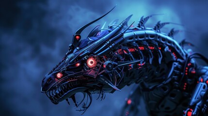 Dragon cyborg with red eyes on dark blue background with copy space, 3d rendering,