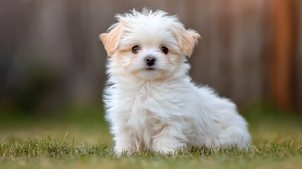 Adorable fluffy puppy captivates hearts with its playful charm in a lush green setting