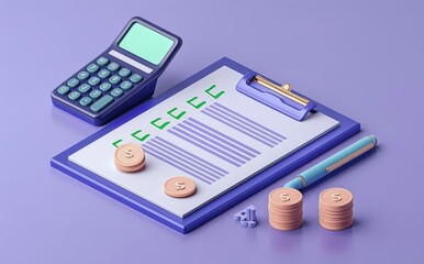 Financial Planning and Tax Management Concept with Calculator Coins and Clipboard Illustration