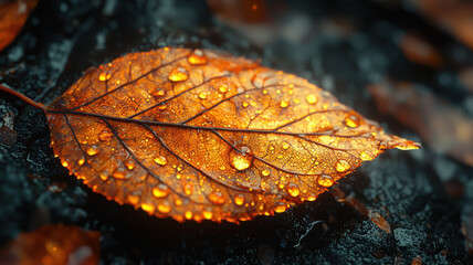 close up of wet leaf with droplets, showcasing vibrant colors and textures