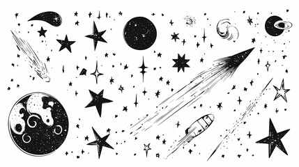 Hand-drawn celestial shooting star png cut out element set. Celestial. Illustration