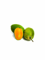 Fresh green mango with cut in half on isolated white background 