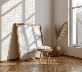 Modern Minimalist Wooden Frame Mockup with Stool in Bright Interior