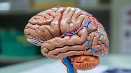 Close-up of human brain model with colorful wires connecting to represent neural activity, symbolizing mental exercise and cognitive development, with copy space for text or design
