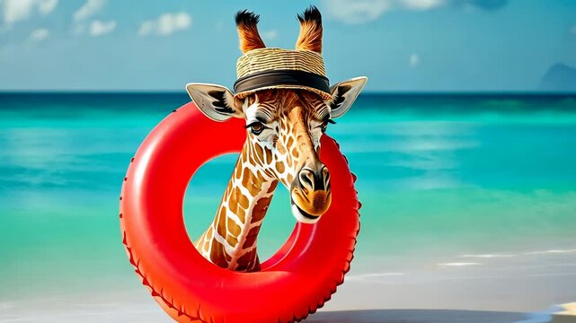 A giraffe, comically dressed in a straw hat, stands with a red lifebuoy at a vibrant beach setting. This humorous scene, set under bright daylight, blends wildlife with summer vacation vibes.