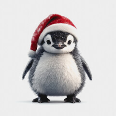 Fototapeta premium Cute Christmas Penguin with Santa Hat on White Background