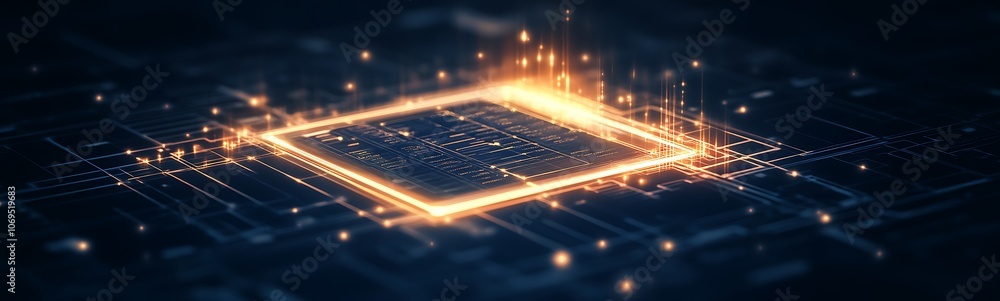 Poster a glowing microchip design on a dark background, showcasing intricate circuitry and bright lights, s