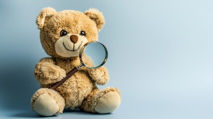 Obraz premium Cute bear holding magnifying glass against light blue background