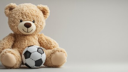 Obraz premium Beige bear with soccer ball, on plain backdrop