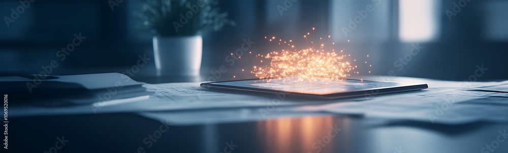 Poster a glowing effect emanates from a laptop on a desk surrounded by papers and a plant, creating a mysti