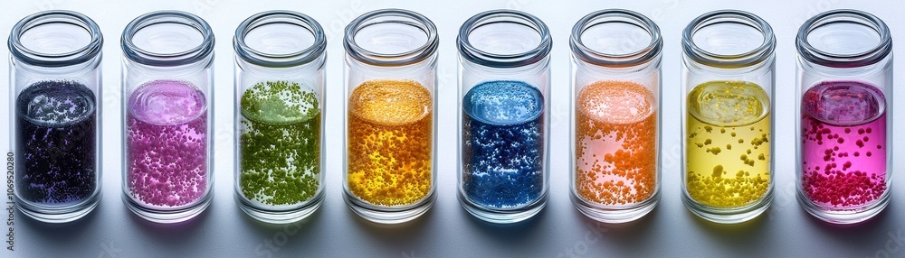 Poster a vibrant array of glass jars filled with colorful liquids, each showcasing unique hues and textures