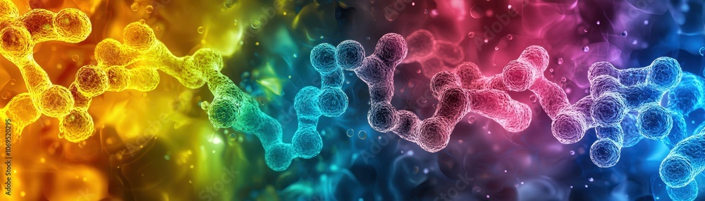 Poster an abstract representation of colorful molecular structures intertwined against a vibrant, gradient 