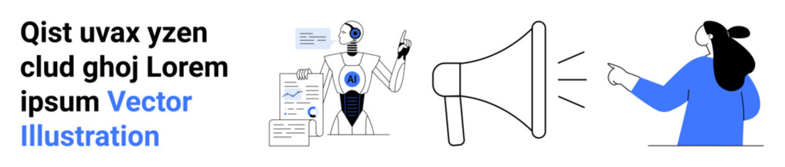 AI robot presenting data using charts, human pointing at a large loudspeaker. Ideal for AI advancements, digital communication, data analysis, tech presentations, teamwork, business strategy