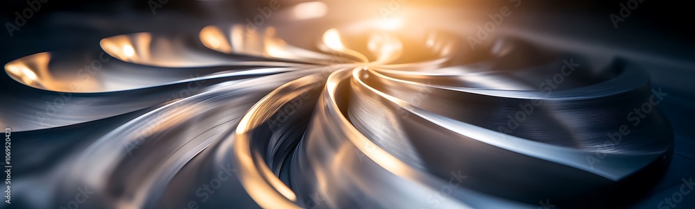 Poster a swirling, metallic design glimmers with light, showcasing dynamic curves and intricate textures, s