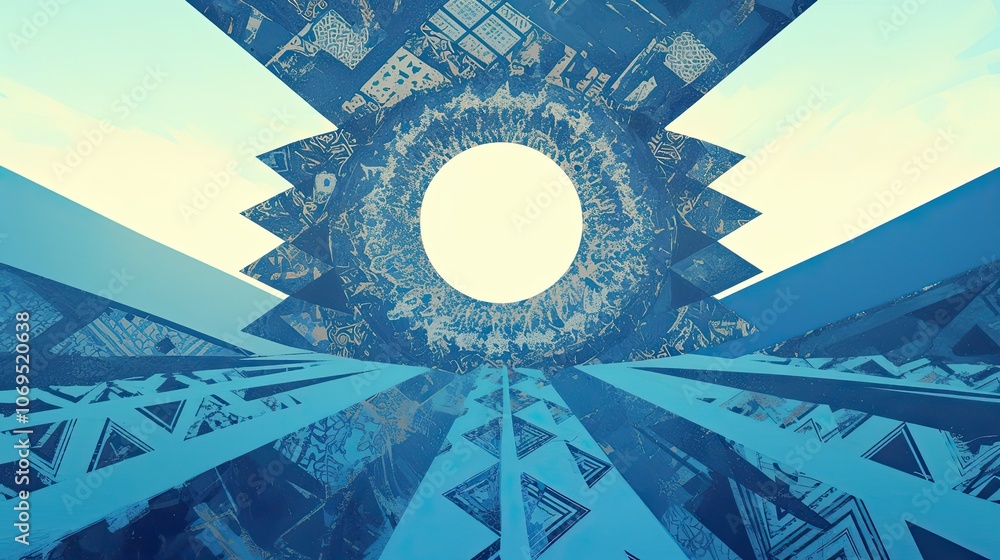 Poster Abstract Geometric Composition with Circular Void and Blue Triangles