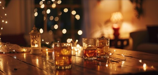 The soft glow of string lights highlights the warmth and coziness of the intimate mocktailmaking date night setting.