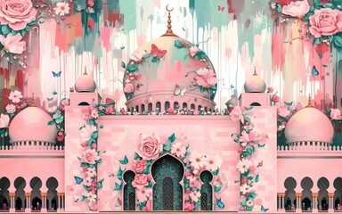 Mosque illustration for Ramadhan kareem greeting, Ramadan Islamic holy month design, Mosque acrylic painting water color