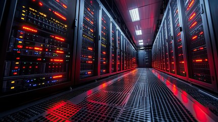 Obraz premium A banner showcasing a server room inside a data center, filled with telecommunication equipment, emphasizes the importance of cloud hosting technology and big data storage in modern infrastructure.