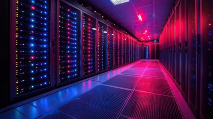 Obraz premium A banner showcasing a server room inside a data center, filled with telecommunication equipment, emphasizes the importance of cloud hosting technology and big data storage in modern infrastructure.