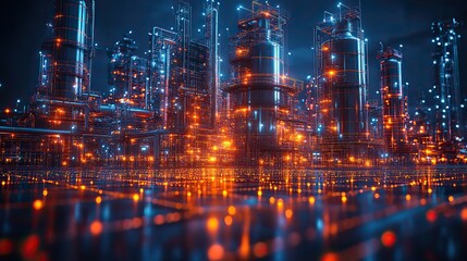 Fototapeta premium A banner template illustrates oil production and refining processes using low poly wireframe designs.