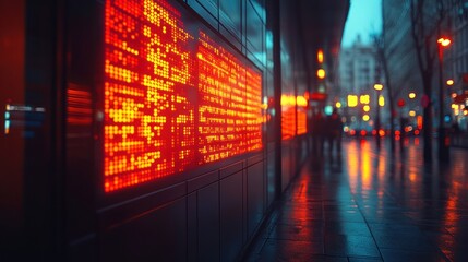A large LED sign displaying stock market data, illuminating the street with its red glow.