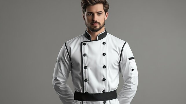 A black-and-white chef jacket is shown in a mockup set, highlighting professional culinary attire in a sleek and stylish design.