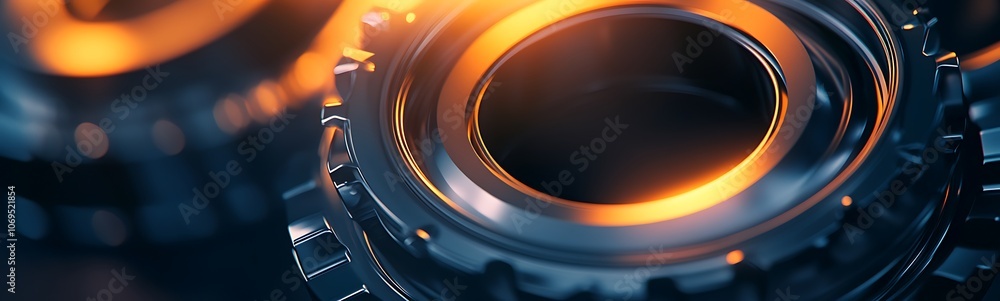 Poster close-up view of intricate metallic gears with a glowing orange light, showcasing precision engineer