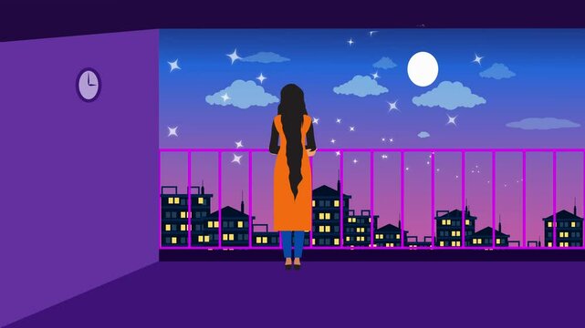 Lonely anime girl looking at the city at moon night ,anime girl. hand drawn, Japanese, a chill anime lo-fi 