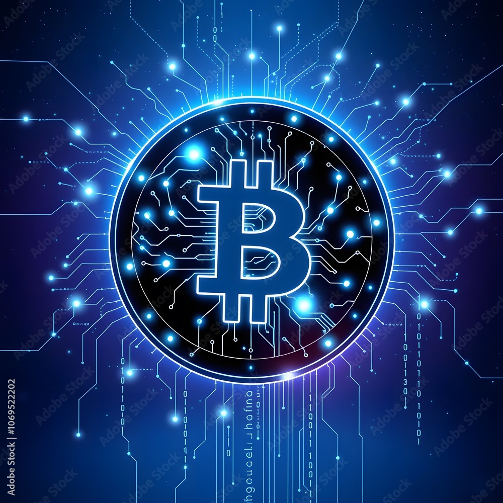 Poster futuristic three-bit coin featuring a luminous brain design, perfect for technology and cryptocurren
