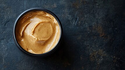 Close-up of Brown Creamy Facial Scrub in a Black Jar