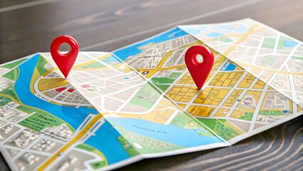 A folded paper map with colorful glossy location markers realistic rendering detailed city streets parks and a lake. Generated Ai