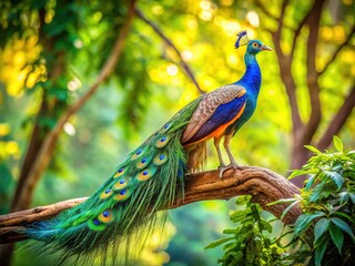 Obraz premium A magnificent peacock perched on a leafy branch, amidst vibrant green foliage.