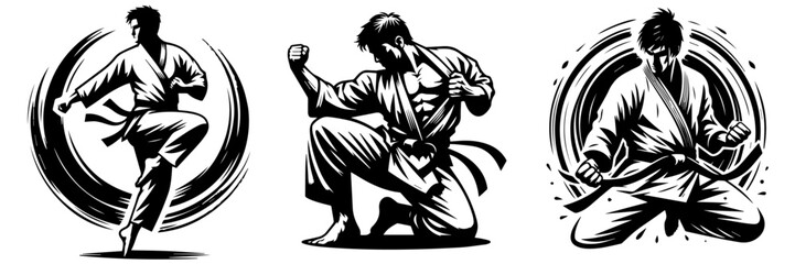 karate warrior in kimono with black belt, human silhouette eastern martial arts