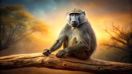 Obraz premium A weathered portrait of a baboon, captured in the wild, evokes a nostalgic vintage feel.