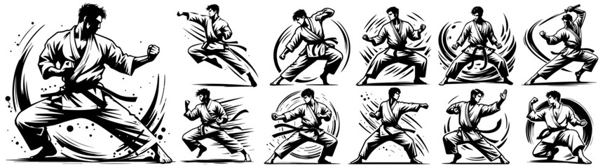 karate warrior in kimono, dynamic body positions