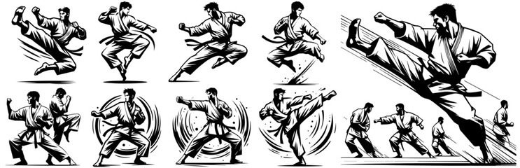 karate warrior in kimono, dynamic body positions